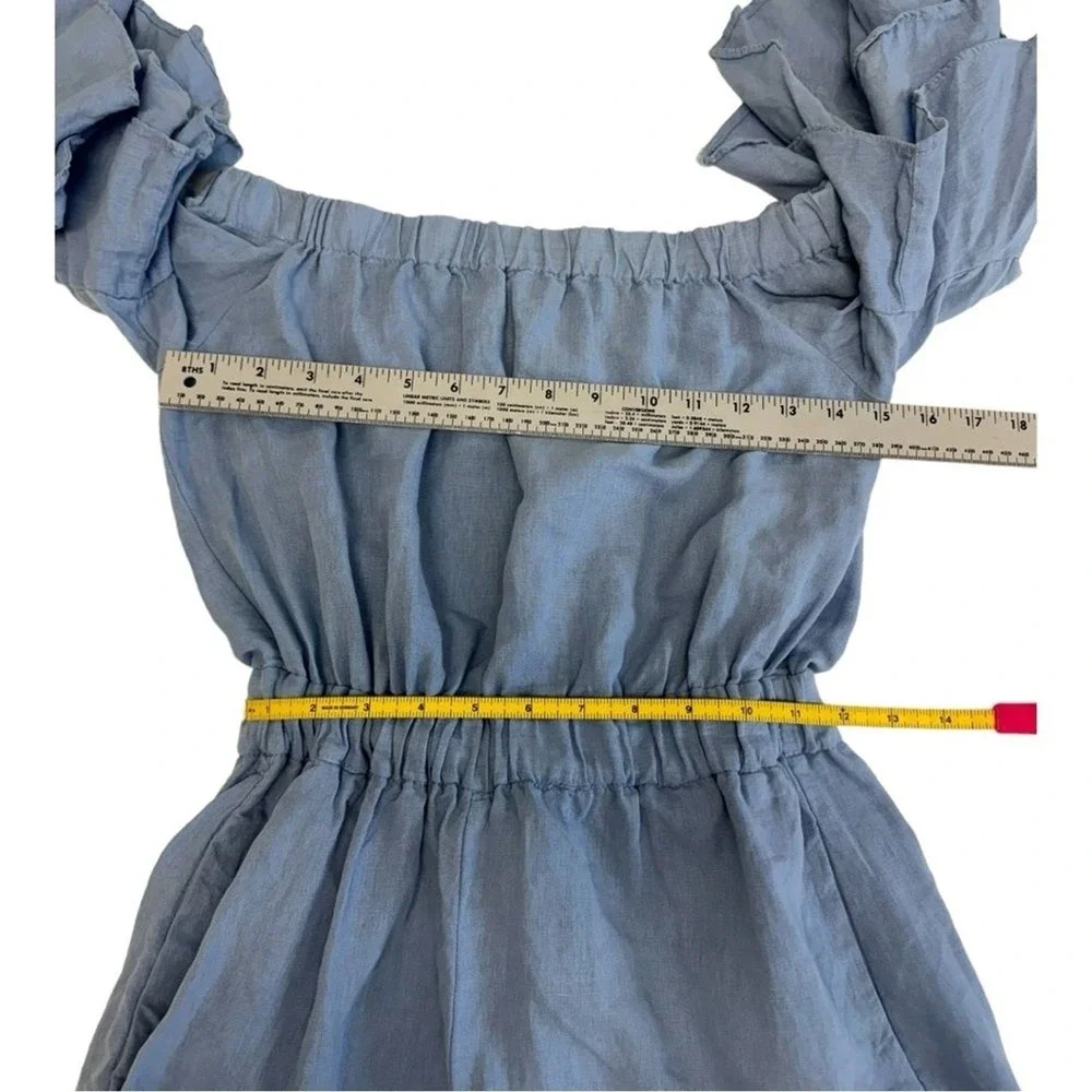 Zara Basic Chambray Blue Off‎ Shoulder Ruffle Sleeve Romper Sunsuit Size  Small